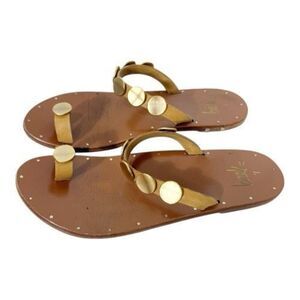 Beek Women’s Ruby Tan Gold Studs Toe Ring Leather Slide Beach Sandal Size 7